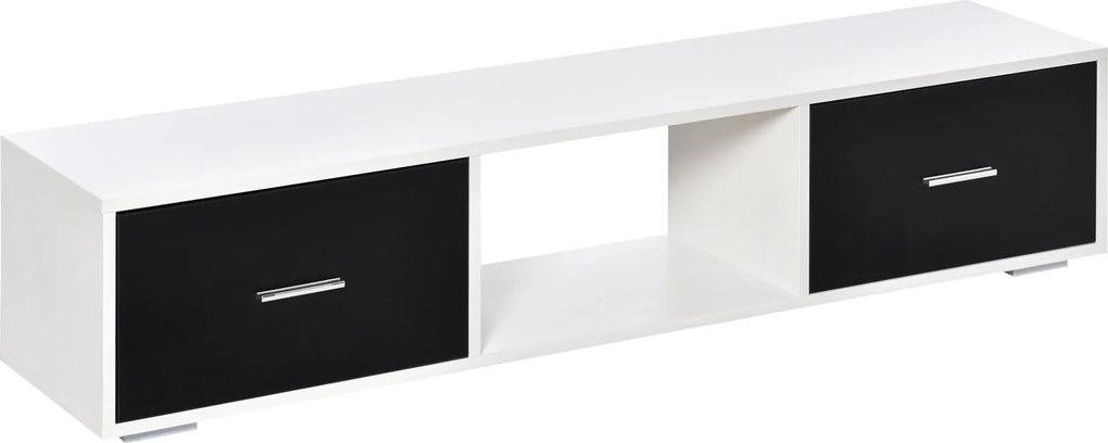 HOMCOM TV állvány 60"-ig Modern stílusú nappali TV asztal 2 fiókkal és nyitott rekesszel 140x30x32 cm Fehér és fekete | Aosom