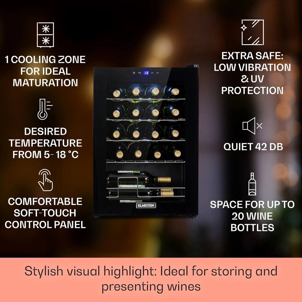 Klarstein Shiraz 20 Uno, borhűtő, 53 liter, 20 palack, 5-18°C, érintőképernyős vezérlőpanel