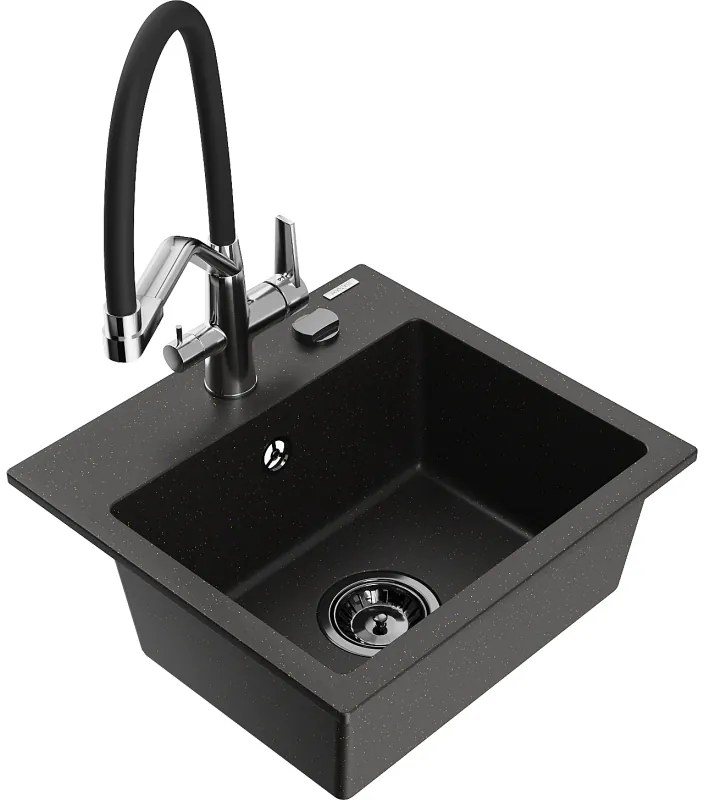 Mexen Milo 1-medencés gránit mosogató konyhai csapteleppel Duo, fekete/arany metál - 6505-75-671701-07-B