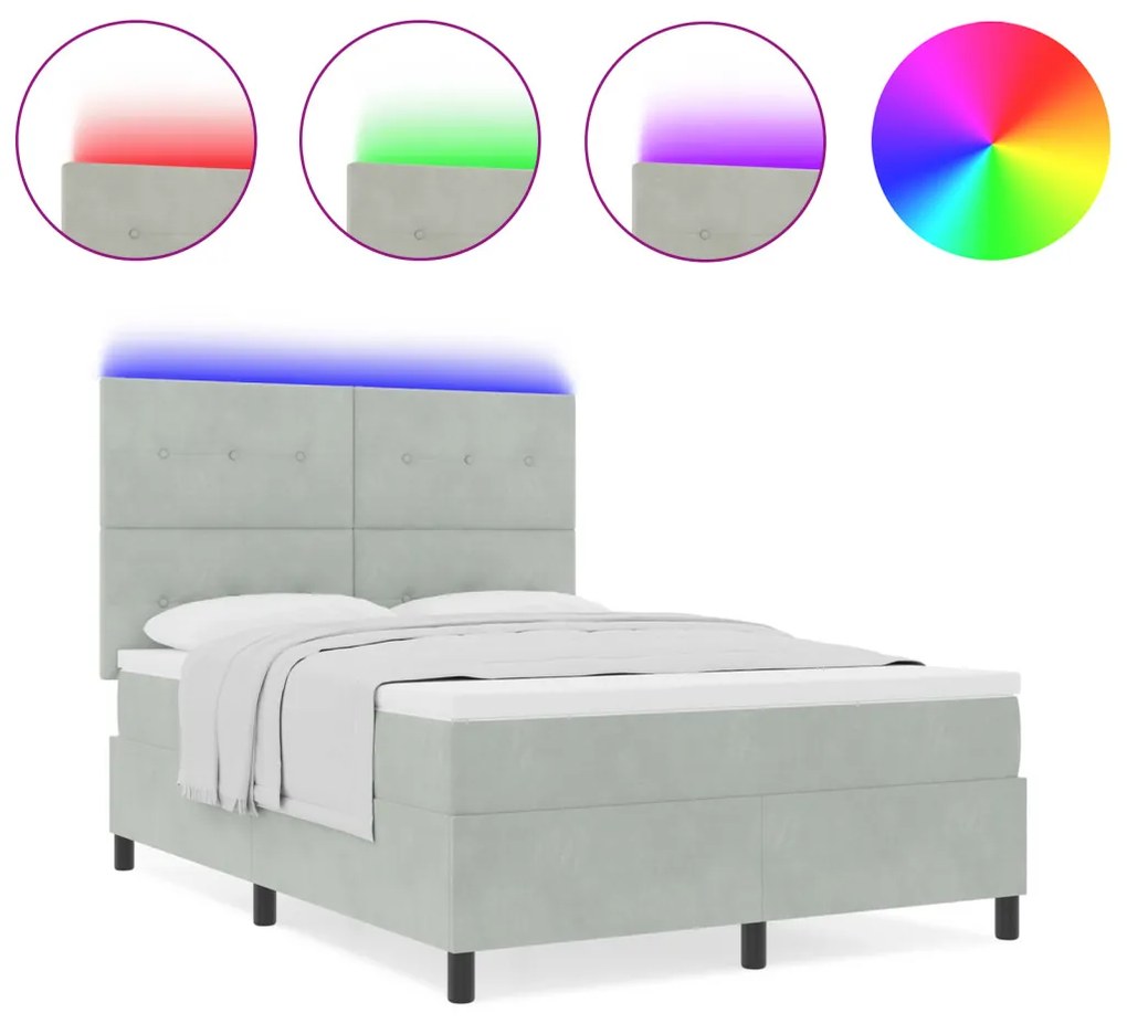 Boxspring Ágy Matraccal & LED Fénnyel Világosszürke 140x200 cm Bársonyos