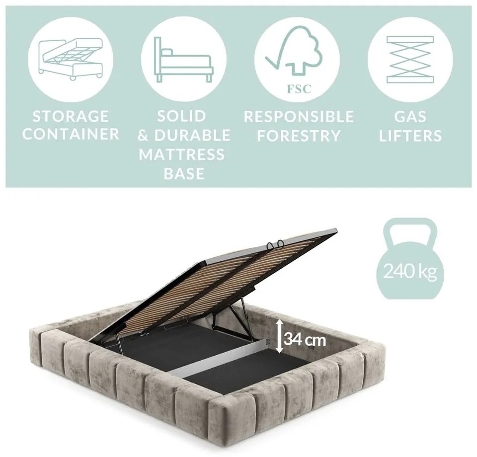 Bézs kárpitozott ágyneműtartós franciaágy ágyráccsal 160x200 cm Aruba L – Maison de Rêve