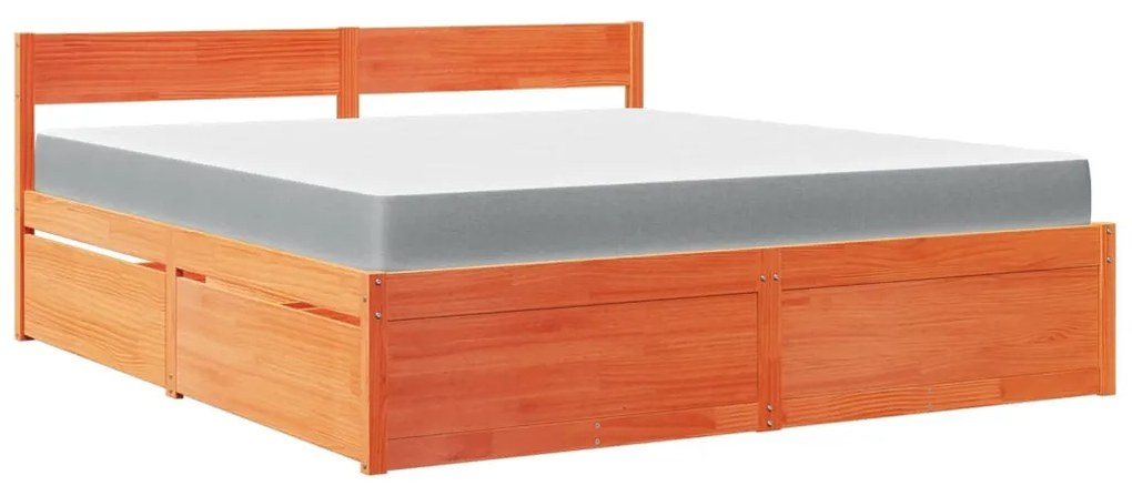 viaszbarna tömör fenyőfa ágy fiókokkal és matraccal 180x200 cm