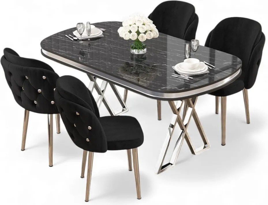Zae étkezőgarnitúra, fekete márvány-króm, 168 cm – TR240CHR3081