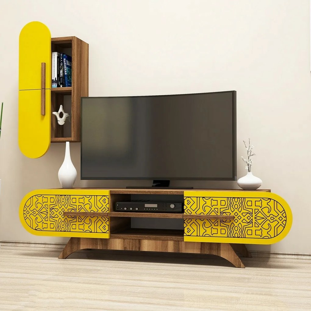 Defne Yellow and Walnut TV-szekrény szekrénnyel