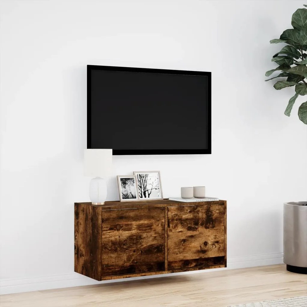 füstös tölgy színű fali TV-szekrény LED-ekkel 80x31x35 cm