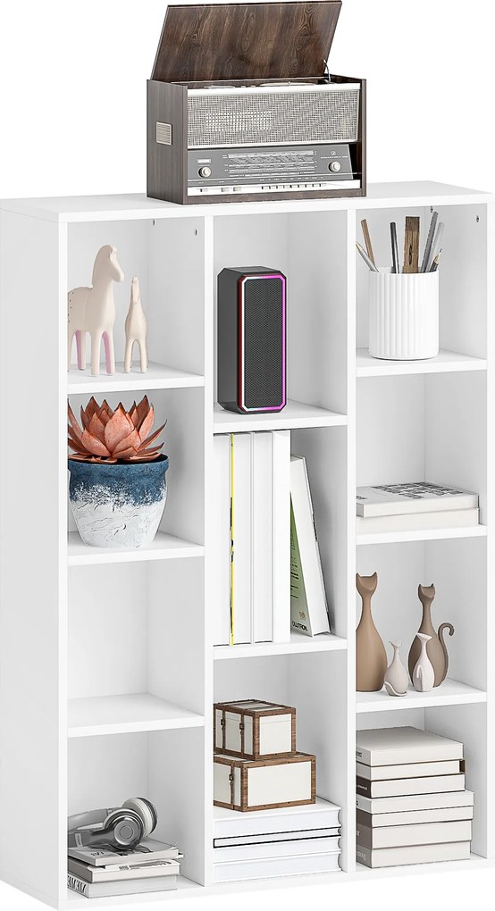 HOMCOM 4-Szintes Könyvespolc 11 Rekesszel, Függőleges vagy Vízszintes Elrendezés a Nappaliba, Irodába, Hálószobába 74,3x24x106 cm Fehér | Aosom