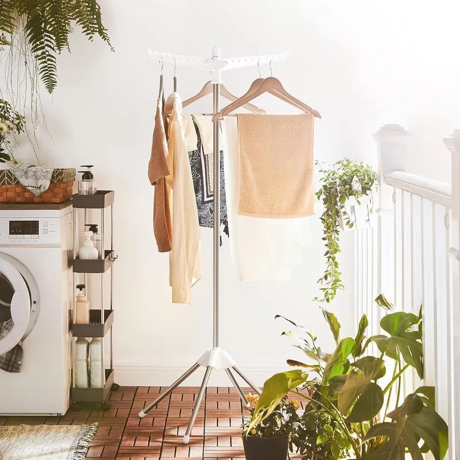 SONGMICS ruhaszárító, 3 forgatható kar vállfáknak fehér és ezüst színben