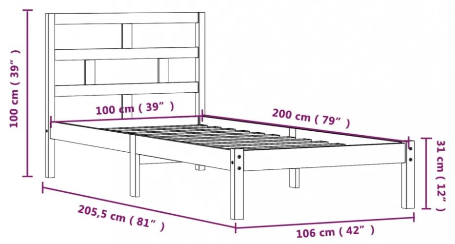 fekete tömör fenyőfa ágykeret 100 x 200 cm