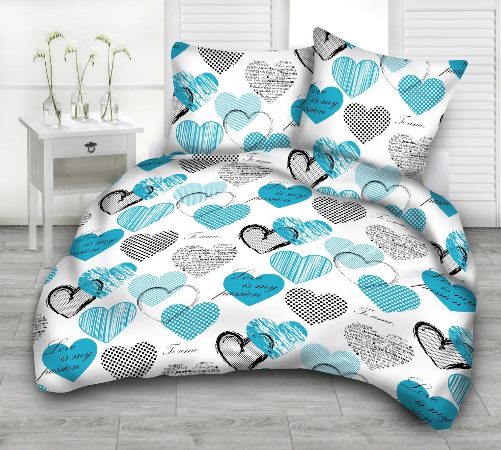HEARTS BLUE pamut ágynemű DeLuxe Ágynemű mérete: 140x200 cm, A csomag tartalma: Készletcsomagolás