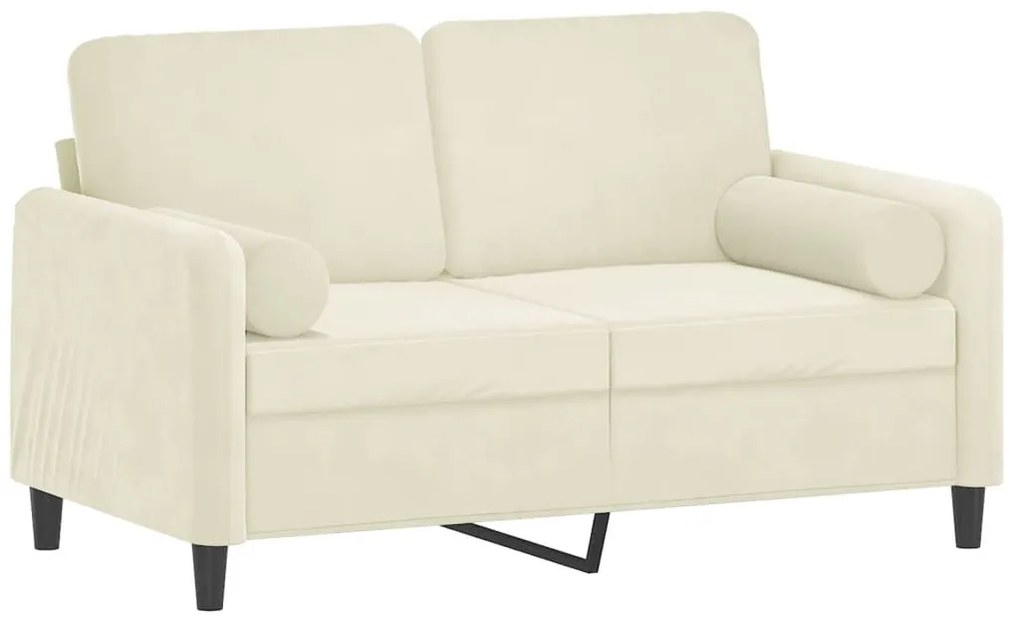 2 személyes krémszínű bársony kanapé díszpárnákkal 120 cm