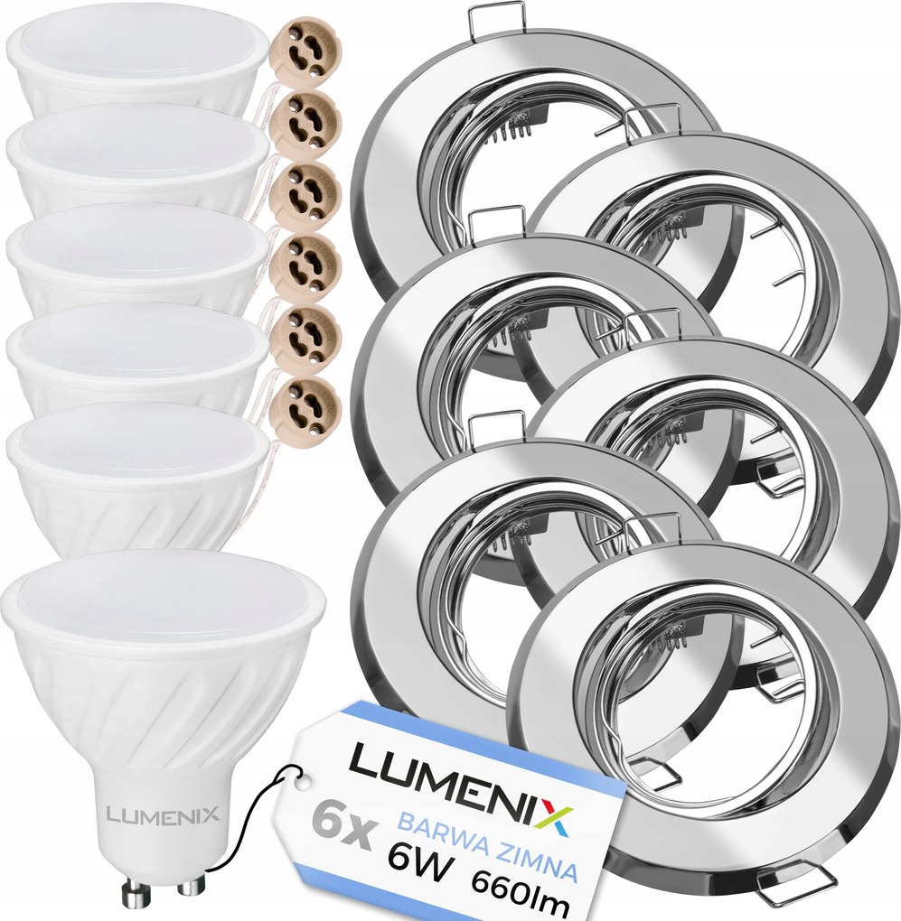 6x Halogén lámpatest szett Króm Kerek GU10 Led izzó 6W Hideg