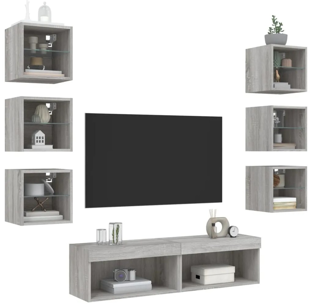 8 darab szürke sonoma színű szerelt fa fali TV-bútor LED-del