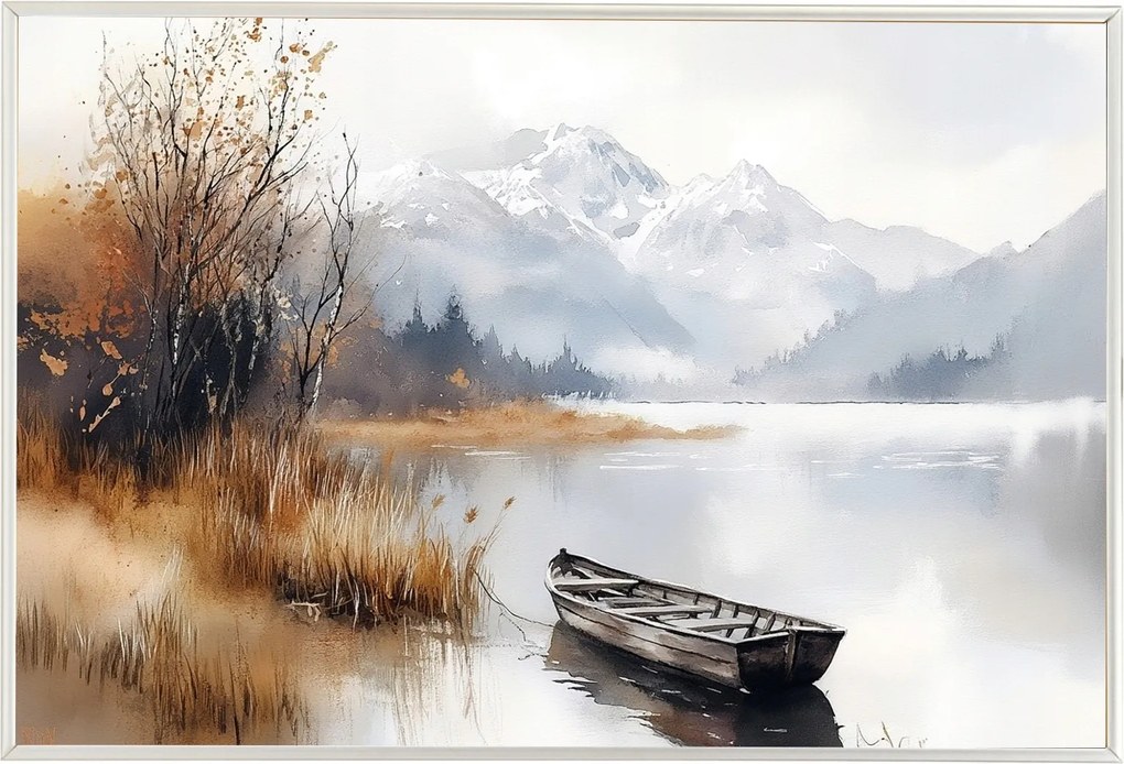 Poszter Keret Alumínium Tájkép Szabadtéri Hegyek Tó Csónak Köd Ősz 60x40