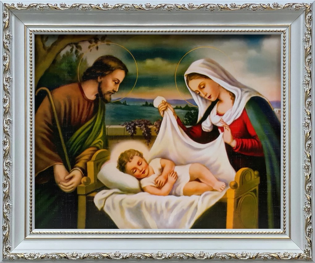 Vászonkép 26x31 Szent Család Jézus Krisztus József Mária Fehér Díszített Keret