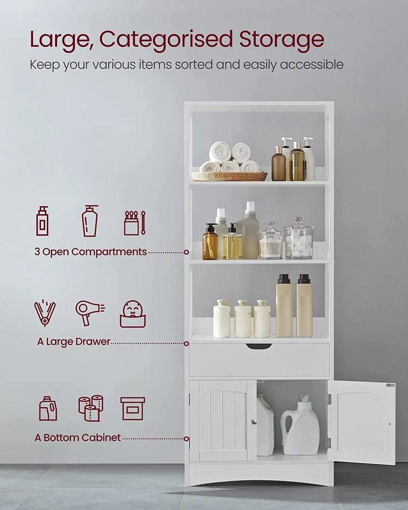 Tárolószekrény, magas szekrény 3 polccal, fehér