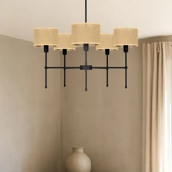 Rúdon függesztett csillár MADELA 5xE14/40W/230V juta/fekete