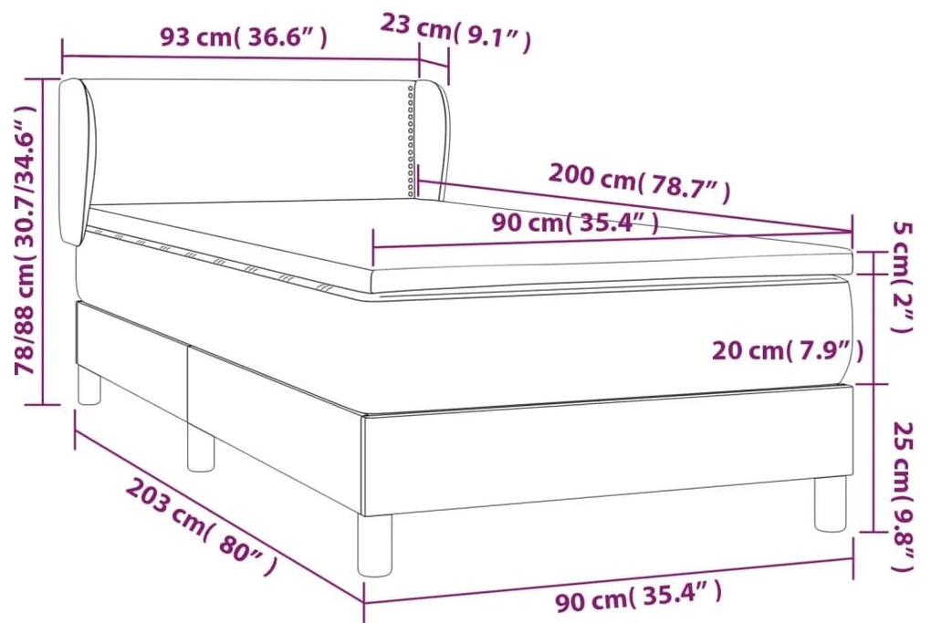 sötétkék bársony rugós ágy matraccal 90 x 200 cm