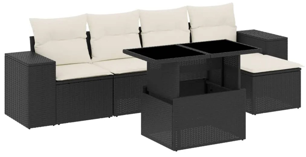 6 részes fekete polyrattan kerti ülőgarnitúra párnákkal