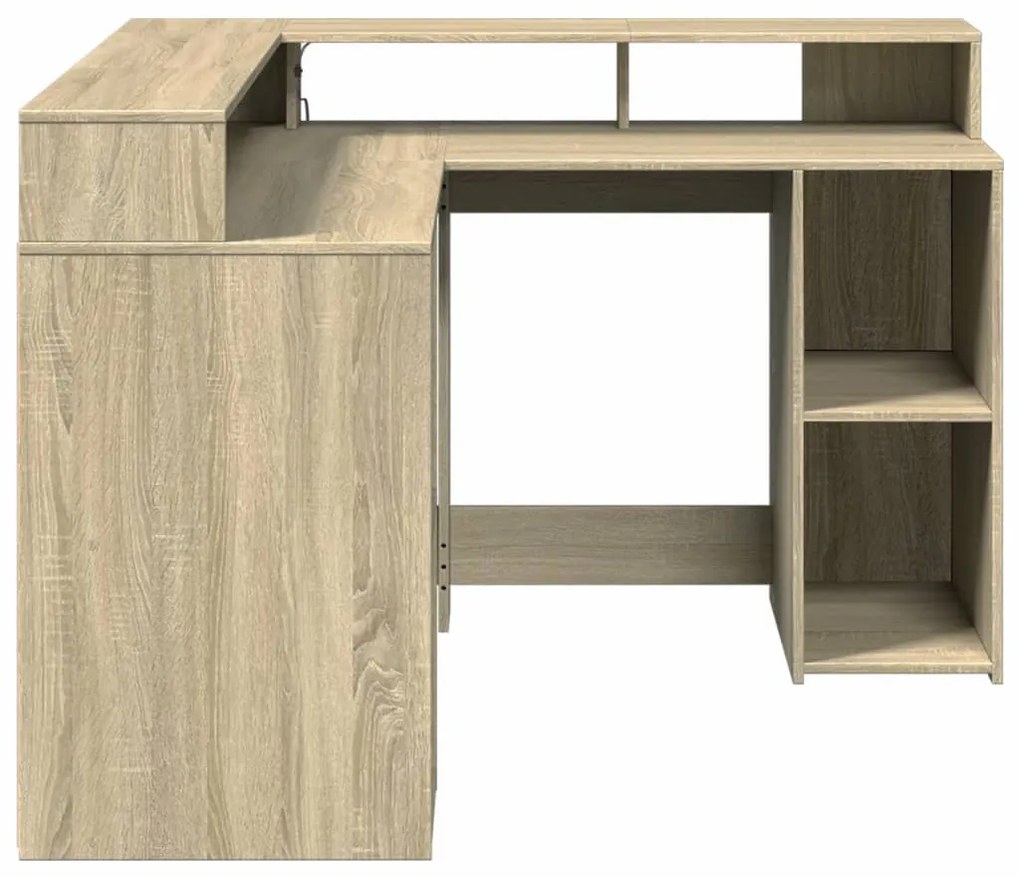 sonoma tölgy színű szerelt fa íróasztal LED-ekkel 130x130x91 cm
