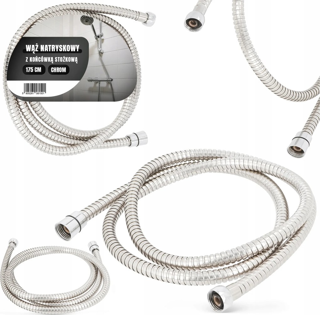 Zuhanytömlő Zuhanyzó Kád Hajlítható Kúpos 175 cm Króm Lk