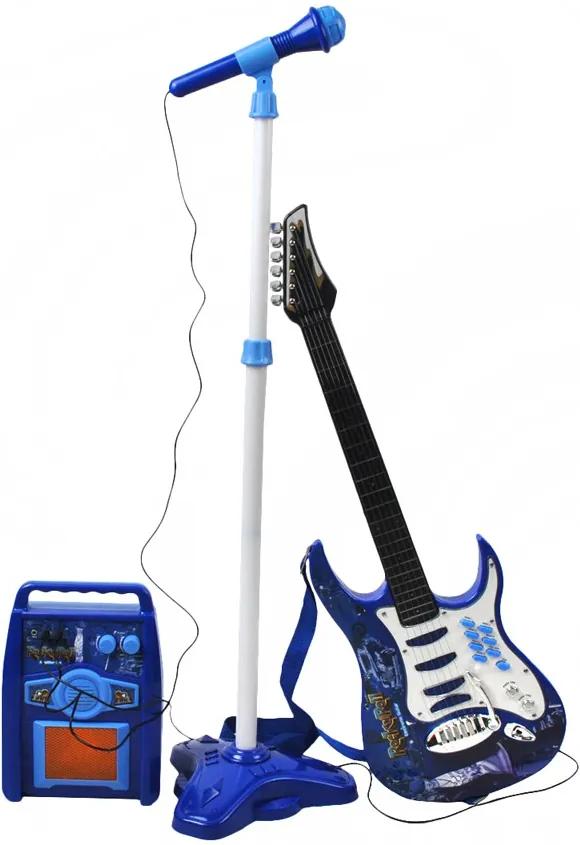 ISO Gyerek elektromos gitár akkumulátoron + erősítőn és mikrofonon, kék, 1554
