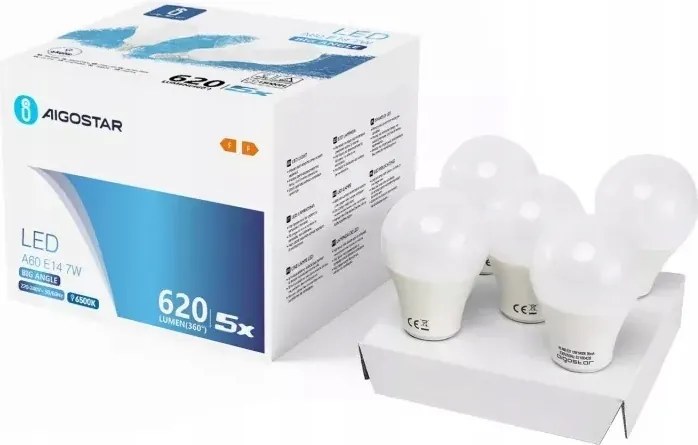 Izzó szett Led Aigostar SMD2835 A60 E14 7W Cw Box 5db