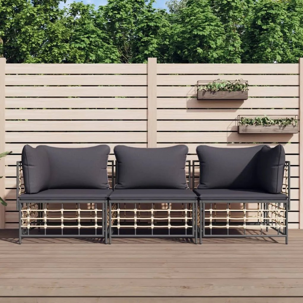 3 részes antracitszürke polyrattan kerti ülőgarnitúra párnákkal