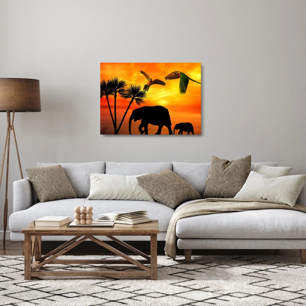 Kép - papagájok és elefántok (üvegen) (70x50 cm)