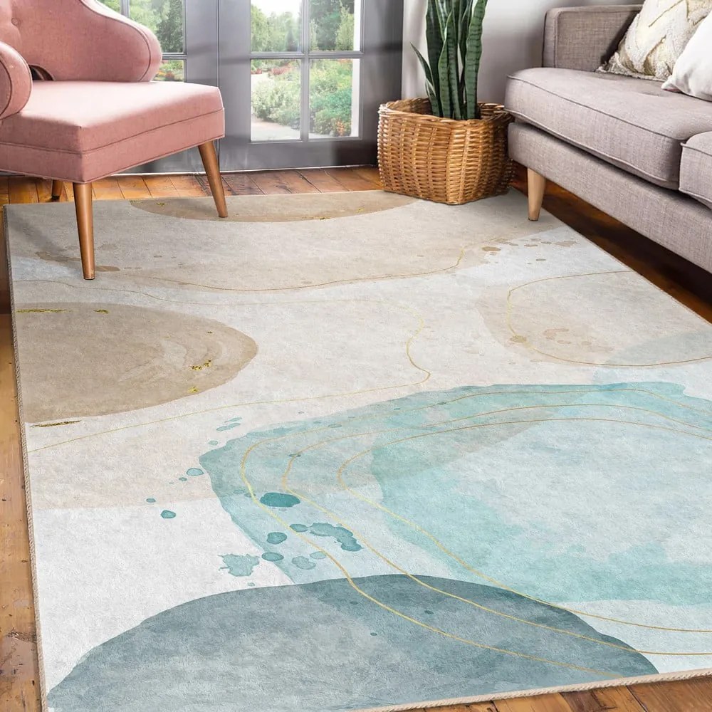 Krémszínű-türkiz mosható szőnyeg 80x150 cm Puddle – Mila Home