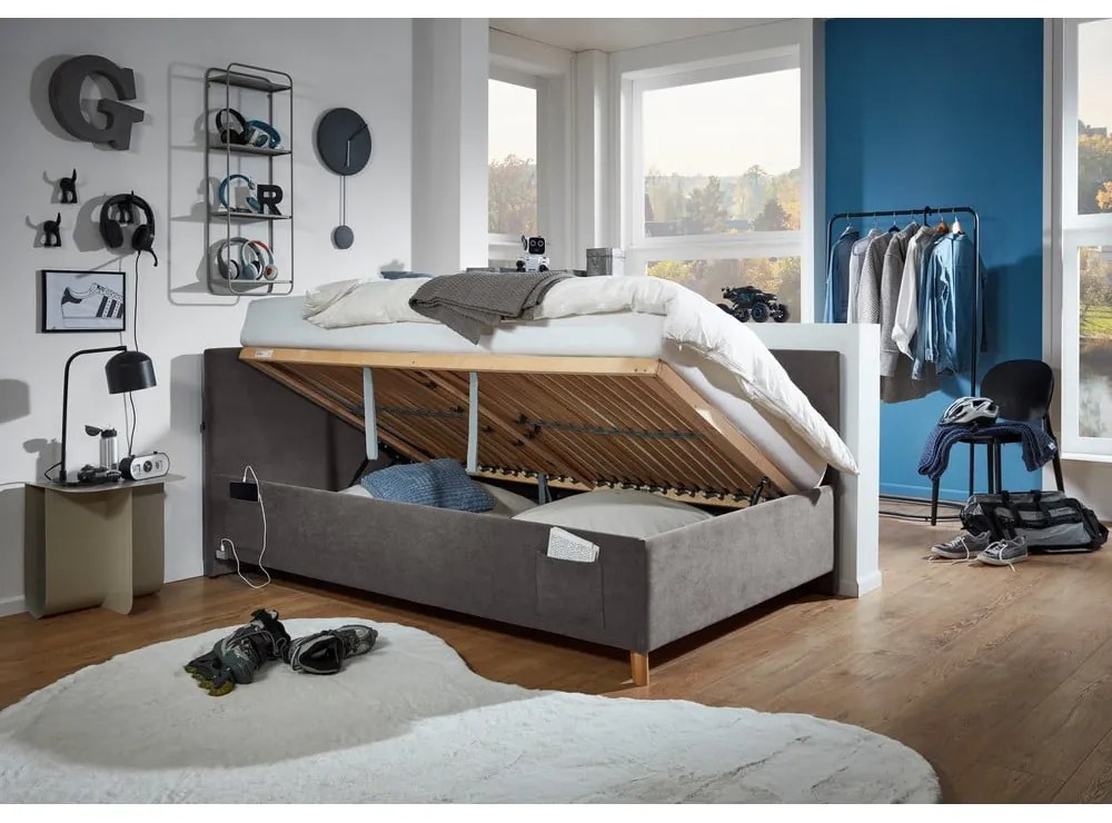 Antracitszürke kárpitozott ágyneműtartós sarok gyerekágy ágyráccsal 90x200 cm Cool – Meise Möbel