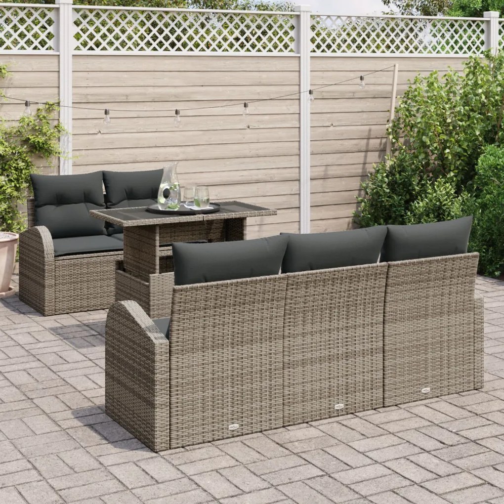 6 Darabos Kerti Kanapé Készlet Párnákkal Szürke Poly Rattan, 2-Fős Kerti Kanapé Tárolóval és Párnákkal Szürke Poly Rattan