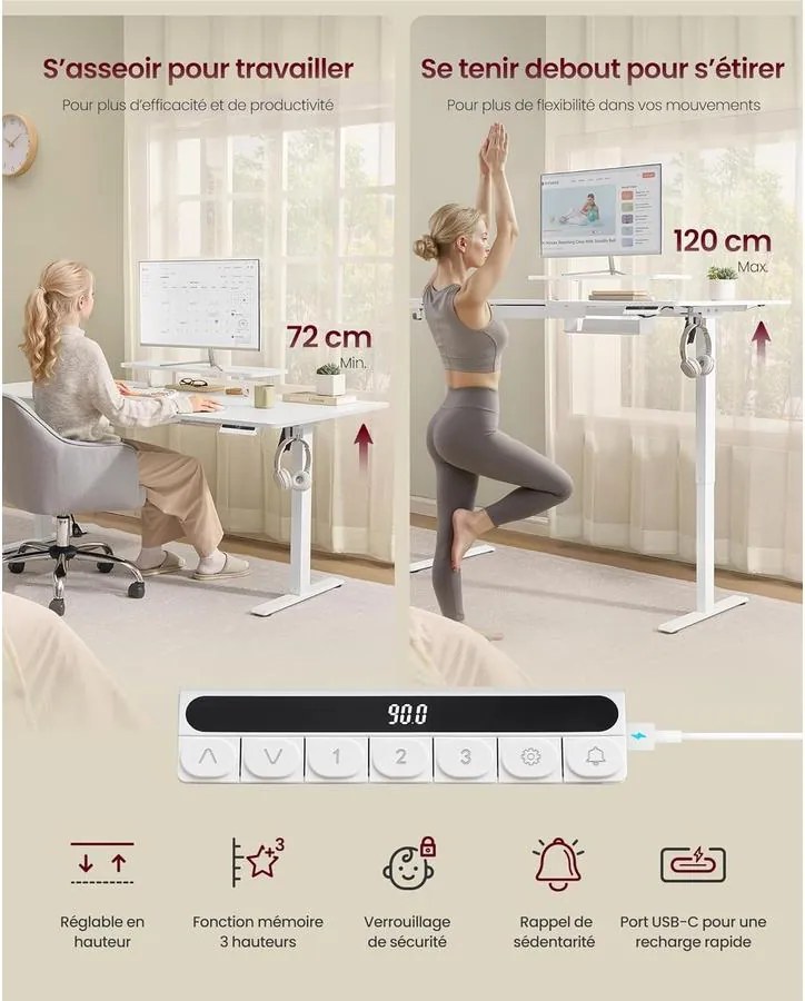 Magasságállítható íróasztal, 160 x 80 cm, fehér