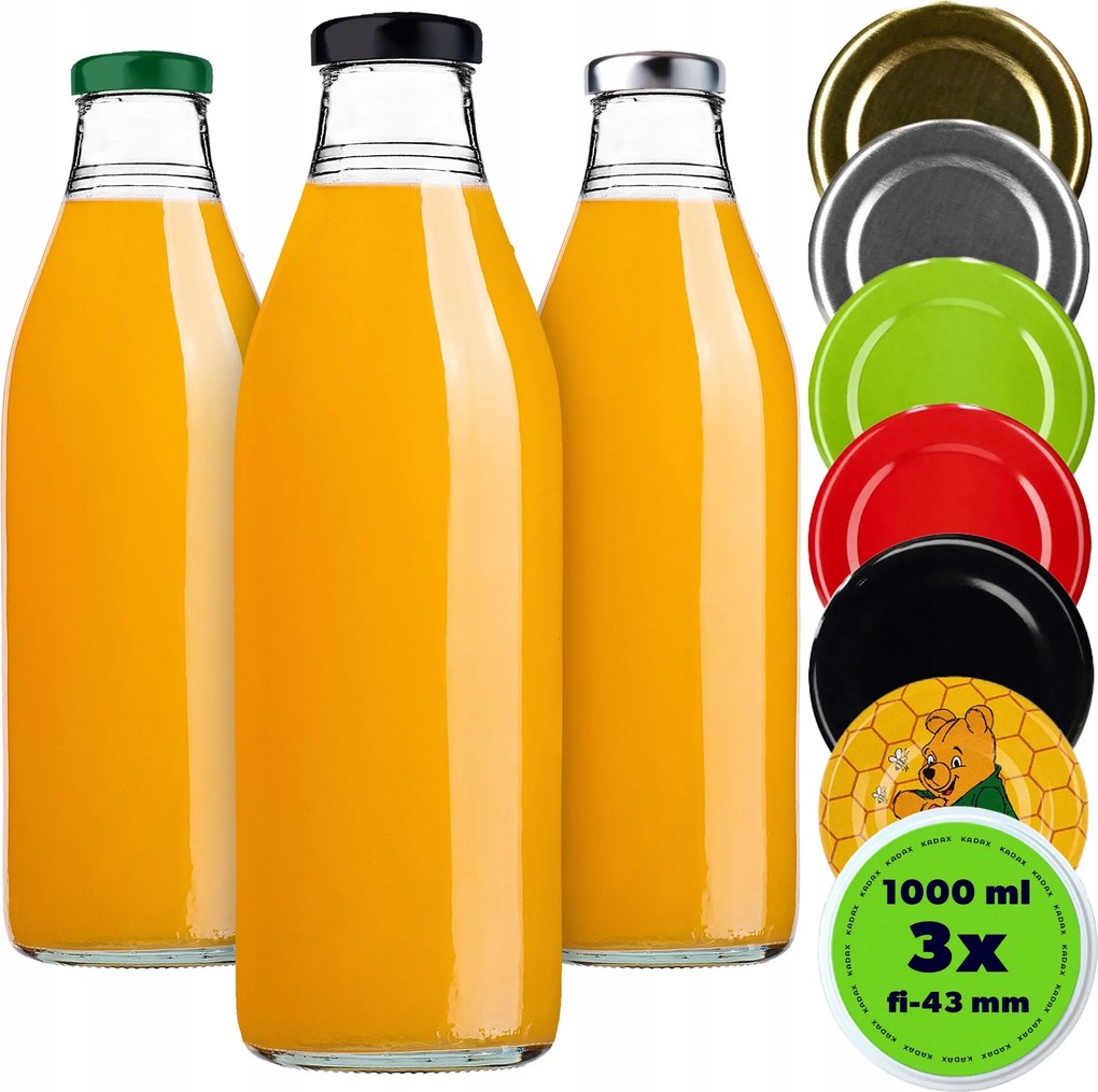 3x Üvegpalack 1L 1000 ml Gyümölcslé Tinktúra Kontúrok Gyümölcslé Kupakkal