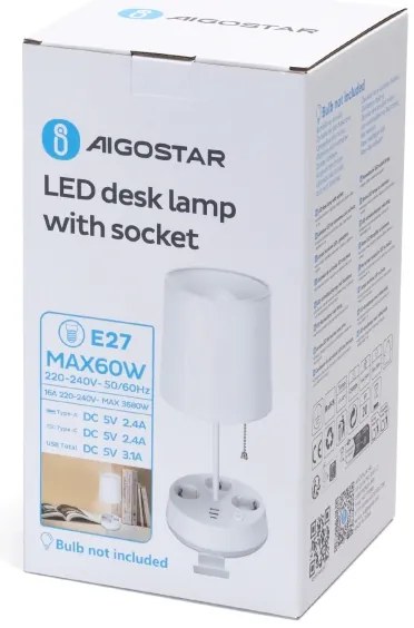 Aigostar - Asztali lámpa aljzatokkal és USB-portokkal 1xE27/60W/230V fehér