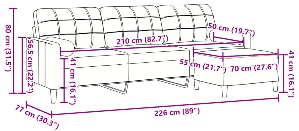 3 személyes világosszürke bársony kanapé lábtartóval 210 cm