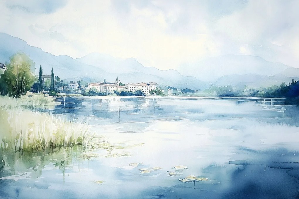 Vászonkép Canvas Akvarell Tájkép Víz Tó Város Hegyek 60x40