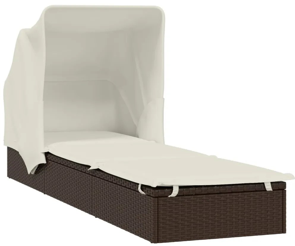 Barna polyrattan napozóágy összecsukható tetővel 213x63x97 cm