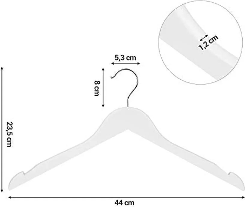 Fából készült ruhafogas, 360°-ban forgatható kampó, csúszásmentes, 44 cm hosszú, fehér