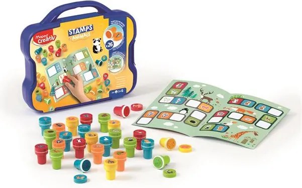 Nyomdázó készlet, foglalkoztató füzettel, bőröndben, állatok, MAPED CREATIV Stamps (IMAC907090)