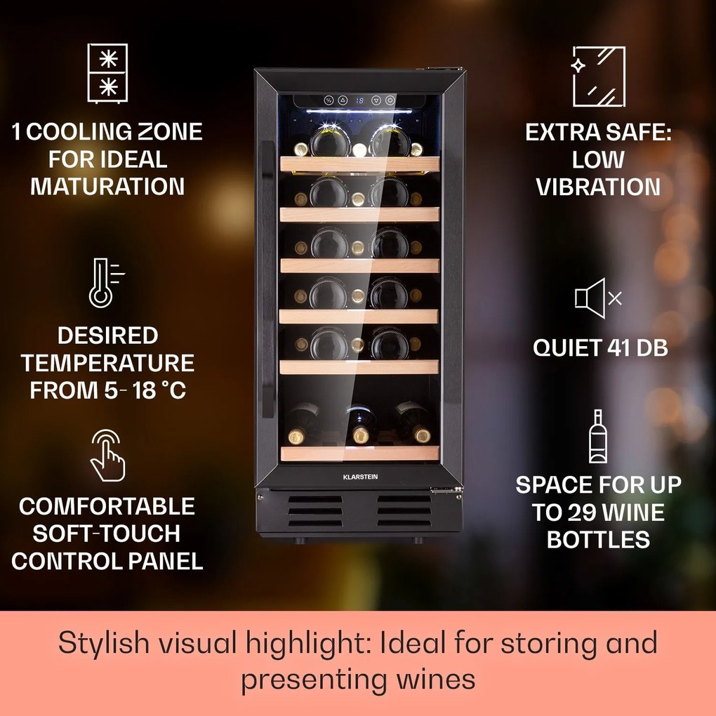 Klarstein Vinovilla 29 Built-In, beépíthető borhűtő, 81 liter, 29 palack, 1 zóna, üvegajtó, rozsdamentes acél