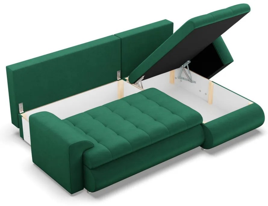 Tokio sarokkanapé, 2 ágyneműtartóval, bársony, jobboldali, zöld