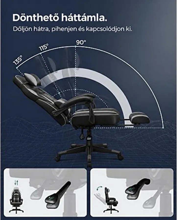Ergonomikus irodai szék kihúzható lábtartóval, 90–135°-ban dönthető, 150 kg-ig, fekete-szürke