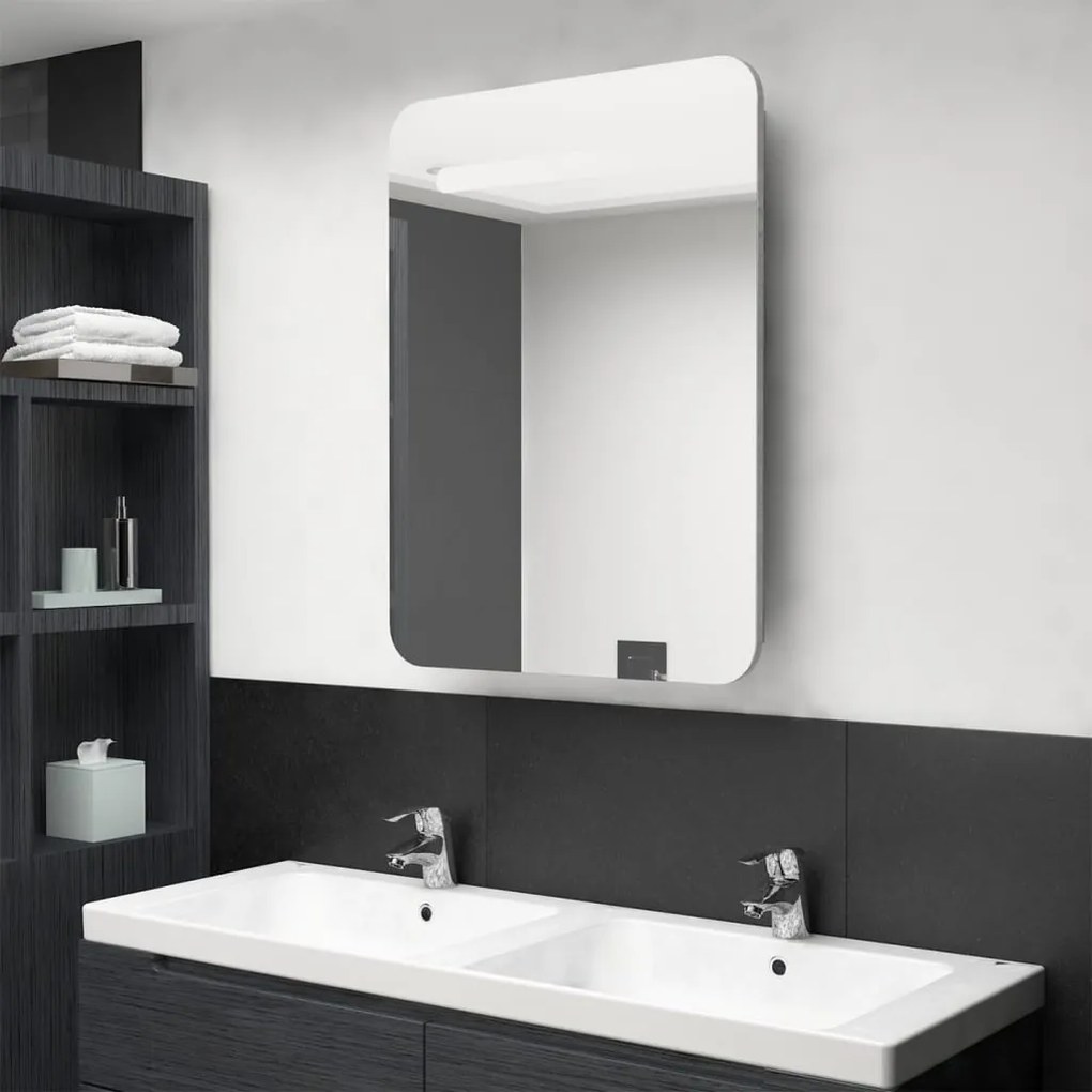 betonszürke LED-es tükrös fürdőszobaszekrény 60 x 11 x 80 cm