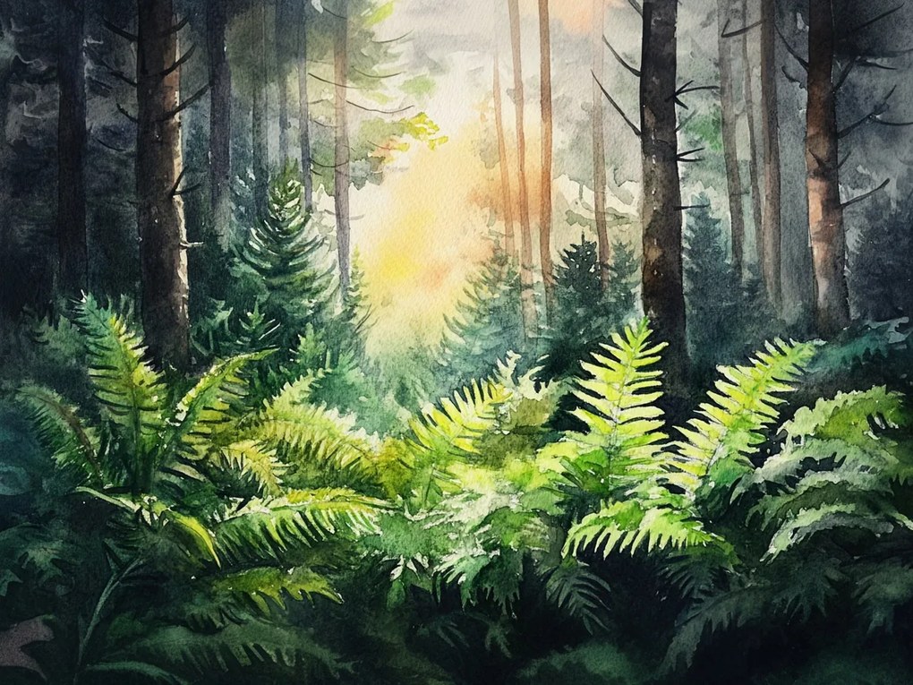 Vászonkép Canvas Akvarell Tájkép Erdő Fák Páfrány Növényzet 100x75