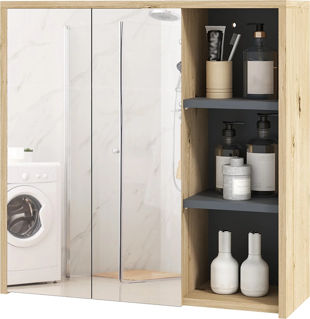 HOMCOM Fürdőszobai Szekrény Tükörrel Fali Fürdőszobai Tükörszekrény Polcokkal Modern Stílus 60x20x60 cm Természetes Fa | Aosom