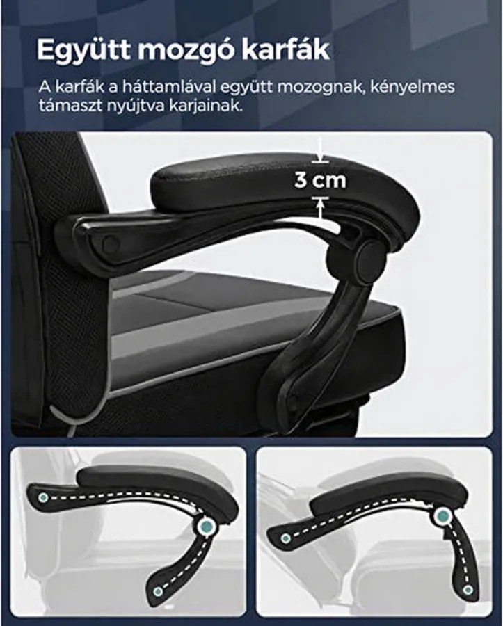 Ergonomikus irodai szék kihúzható lábtartóval, 90–135°-ban dönthető, 150 kg-ig, fekete-szürke
