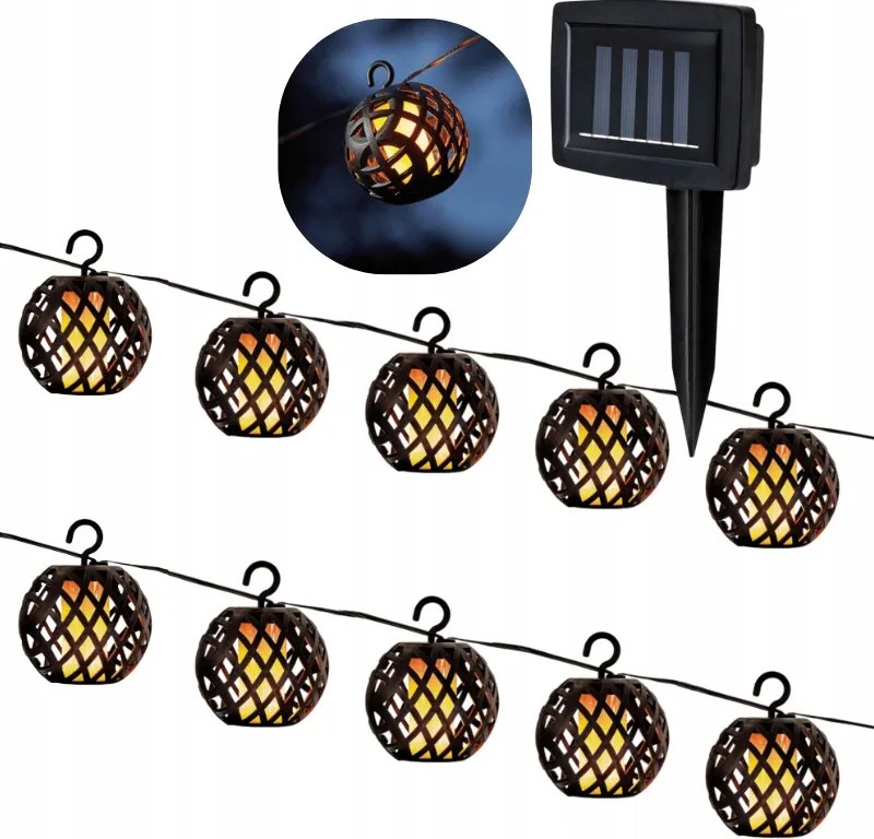 Napelemes Függő Füzér 10x Gömbök Lámpák Meleg Fény Napelemes Panellel