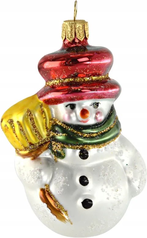 Karácsonyfadísz Hóember seprűvel és piros kalappal