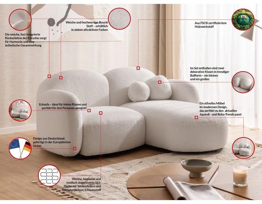 Krémszínű buklé sarokkanapé (jobb oldali-heverő résszel) Orbit – Ropez