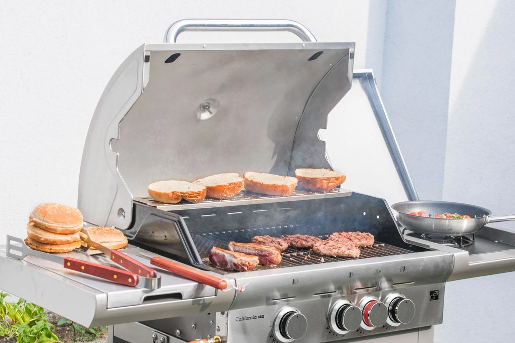 CALIFORNIA BBQ gázgrill, 4 égővel, nyomáscsökkentő szeleppel, ezüst Penta CZ